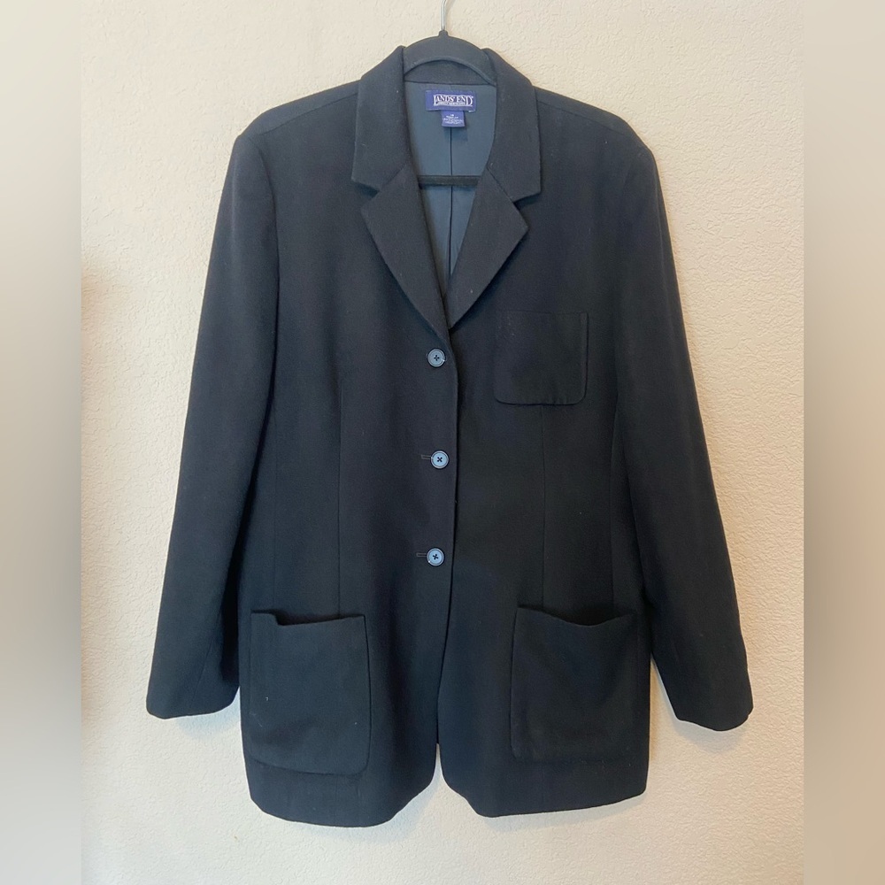 Vintage Lands' End Women's Wool Cashmere Blazer Black Size 18 Tailored Career